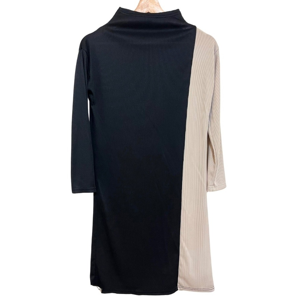Black & Tan Colour Block Rib Knit Mock Neck Long Sleeve Bodycon Midi Dress – M